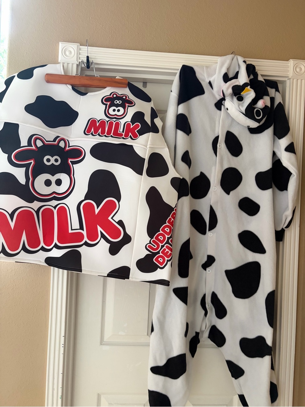 Silver Lilly Cow Costume Onesie S & Cow Carton of Milk Costume